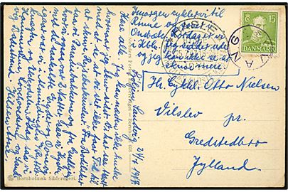 15 øre Chr. X på brevkort annulleret med VIOLET udslebet stjernestempel VANG og sidestemplet Hasle d. 25.7.1947 til Gredstedbro.