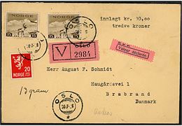 15 øre Turist udg. (2) og 20 øre Løve på værdibrev fra Oslo d. 30.7.1938 til Brabrand, Danmark.