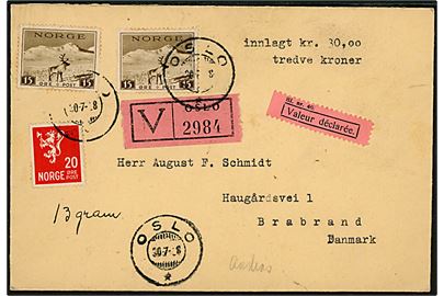 15 øre Turist udg. (2) og 20 øre Løve på værdibrev fra Oslo d. 30.7.1938 til Brabrand, Danmark.