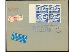 60 øre SAS Jubilæum i fireblok på anbefalet luftpostbrev fra Millinge d. 30.12.1961 til Melbourne, Australien. Vandret fold.