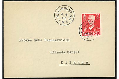 20 öre Gustaf 85 år på brev annulleret MARINPOST 40 *B* d. 4.4.1944 til Kilanda.