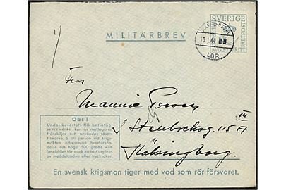 Militärbrev stemplet Marinpost 41 d. 13.1.1944 fra sømand ved Marinepost 2936 (= Jageren HMS Magne) til Helsingborg.