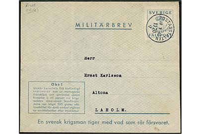 Militärbrev fra soldat ved Fältpost 21331 annulleret Postanstalten 1170 V (= Vassbotten) d. 16.3.1945 til Laholm. Vedhængende ubenyttet svarmærke. Fold.