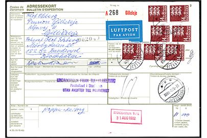 14 kr. Rigsvåben (7) på internationalt adressekort for luftpostpakke fra Gilleleje d. 27.8.1982 til Danderyd, Sverige.