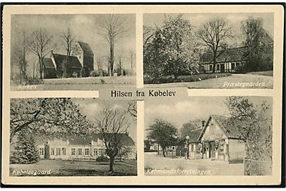 Købelev, Hilsen fra med kirke, købmand, præstegård og Købelevgaard. H. Schmidt u/no.