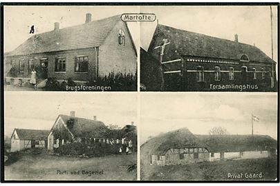Martofte, partier med brugsforening, forsamlingshus, bageri og landejendom. H. Schmidt u/no. Frankeret med 5 øre Bølgelinie annulleret bureau Odense - Martofte T.7 d. 29.6.1914 til Aarhus.
