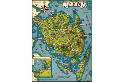 Gustav Hjortlund: Fynsplakat med landkort og seværdigheder. Udgivet af Samvirkende Turistforeninger i Fyens Stift. Brugt fra Ærøskøbing 1959. 18½x25½ cm.