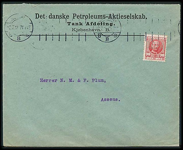 10 øre Fr. VIII med perfin D.D.P.A. på firmakuvert fra Det danske Petroleums-Aktieselskab i Kjøbenhavn d. 2.7.1912 til Assens.