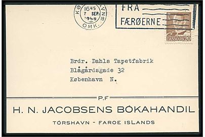 20 øre Fr. IX på brevkort fra Thorshavn annulleret med skibsstempel Fra Færøerne/København OMK. 19 d. 7.9.1958 til København.