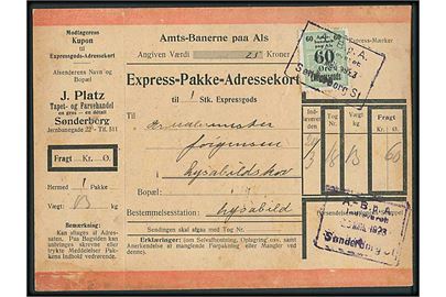 Amts-Banerne paa Als 60 øre Ekspressgods mærke på Ekspress-Pakke-Adressekort fra Sønderborg St. d. 20.3.1923 til Lysabild.