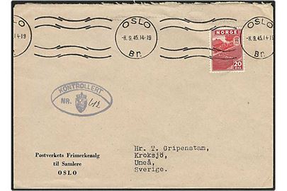 20 øre rød på brev fra Oslo, Norge, d. 8.9.1945 til Skive. Norsk efterkrigscensur.