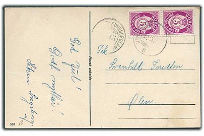 5 øre Posthorn i parstykke på brevkort annulleret med sejlende bureaustempel Hardanger-Sunnhordland G d. 22.12.1945 til Ølen.