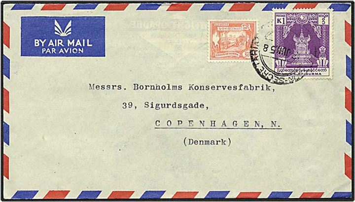 Luftpostbrev fra Rangoon, Burma, d. 13.6.1958 til København.