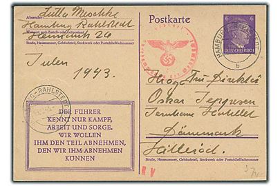 6 pfg. Hitler helsagsbrevkort med führer-ord fra Hamburg d. 16.12.1943 til Hillerød, Danmark. Tysk censur fra Hamburg.