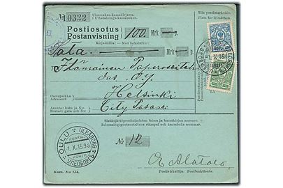5 pen. og 20 pen. på postanvisning fra Uleåborg d. 1.10.1915 til Helsingfors.