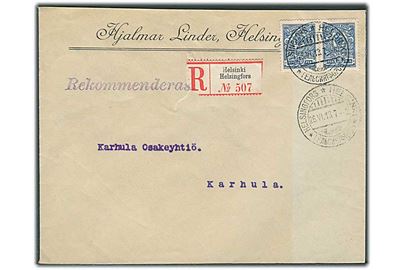 20 pen Våben i parstykke på anbefalet brev fra Helsinki d. 26.6.1913 til Karhula.