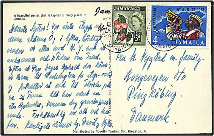 9 pence på postkort fra Jamaica 28.6.1963 til Ringkøbing.