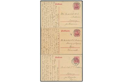 10 pfg. Germania helsagsbrevkort fra Apenrade **a 1917 til Båring pr. Asperup, Danmark. 3 kort med forskellige lokale censurstempler: 18, 8 og 9.