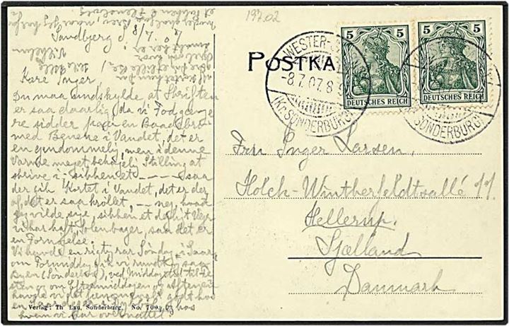 5 pfennig grøn på postkort fra Wester-Satrup /  Vester Sotttrup d. 8.7.1907 til Hellerup.