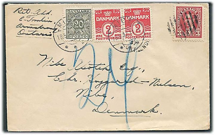 Canadisk 3 c. George VI på underfrankeret brev annulleret med stumt stempel til Nibe, Danmark. Udtakseret i porto med 2 øre Bølgelinie i parstykke anvendt som portomærker og 20 øre Porto stemplet Nibe d. 18.5.1937.