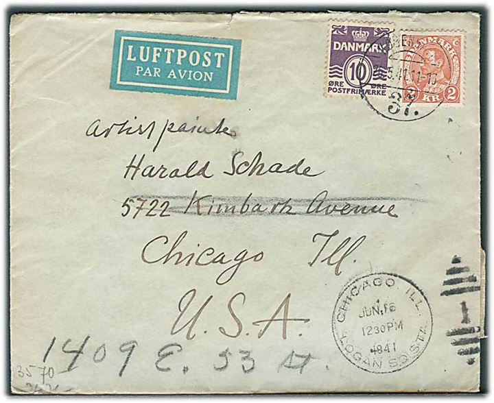 10 øre Bølgelinie og 2 kr. Chr. X på luftpostbrev fra København d. 26.5.1941 til Chicago, USA. Åbnet af tysk censur i Frankfurt.