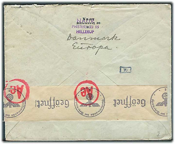 10 øre Bølgelinie og 2 kr. Chr. X på luftpostbrev fra København d. 26.5.1941 til Chicago, USA. Åbnet af tysk censur i Frankfurt.