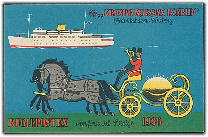 10 øre H.C.Andersen på kuglepost brevkort fra Randers annulleret med særstempel Frederikshavn - Göteborg Kugleposten 1. Juli 1936 til Orlogsværftet, København.