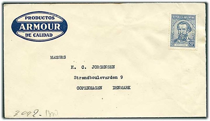 20 c. Martin Güemes med perfin ACO på firmakuvert fra Frigorifico Armour de la Plate i Buenos Aires (ca. 1941) til København, Danmark. Ikke afstemplet, men åbnet af tysk censur.