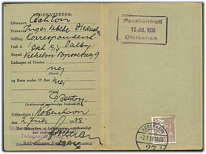 25 øre Karavel stemplet København 27 d. 2.7.1938 på Nordisk Rejsekort. Norsk stempel: Passkontrol Ofotbanen d. 15.7.1938.