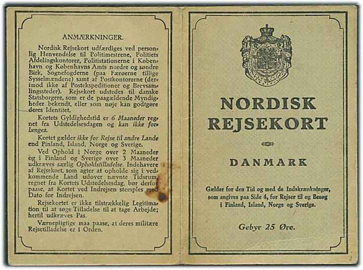 25 øre Karavel stemplet København 27 d. 2.7.1938 på Nordisk Rejsekort. Norsk stempel: Passkontrol Ofotbanen d. 15.7.1938.