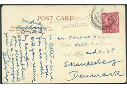 1 Anna George V på brevkort fra Bellary d. 16.10.1914 til Skanderborg, Danmark. Violet: Passed Censor / Bombay.