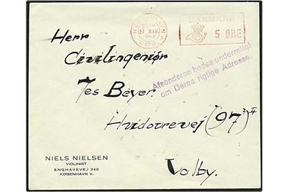 Frankostemplet brev fra København d. 27.3.1943 til Valby. 2 liniestempel angående rigtig adresse.