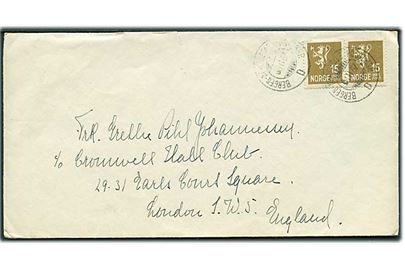 15 øre Løve i parstykke på brev annulleret med sejlende bureaustempel Bergen - Newcastle Posteksp. D d. 8.2.1937 til London, England.