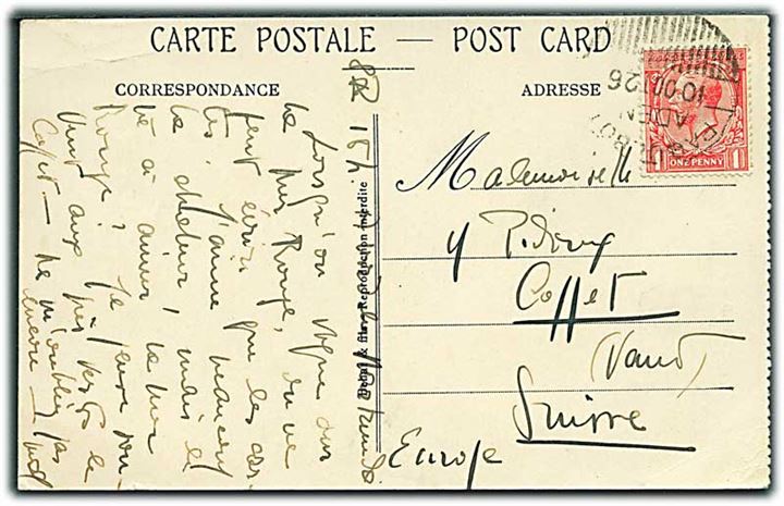Engelsk 1d George V på brevkort fra Port Said annulleret med skibsstempel Paquebot Aden d. 10.10.1926 til Schweiz.