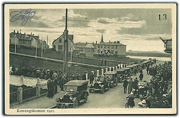 Kongebesøget Konungskoman 1921. Mennesker og biler. Helgi Árnason u/no. 