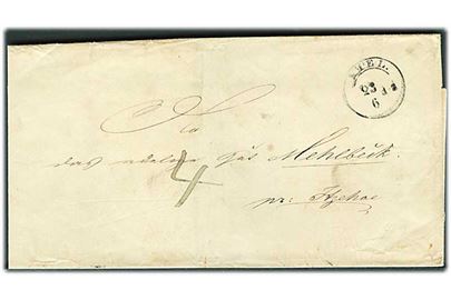 1½-ringstempel Kiel. d. 23.6. ca. 1850 på portobrev til Mehlbeck pr. Itzehoe. Påskrevet 4 med blæk.