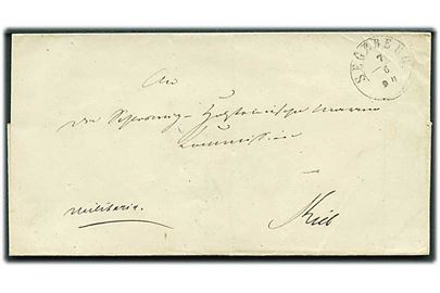 Militaria brev med 1½-ringsstempel Segeberg d. 7.6.18xx (ca. 1850) til Kiel. På bagsiden laksegl fra Schleswig Holstein Land und Seekriegscommisariat 3. District.