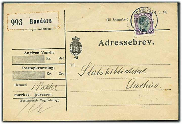 40 øre Chr. X single på adressebrev for pakke fra Randers d. 18.2.1919 til Aarhus.