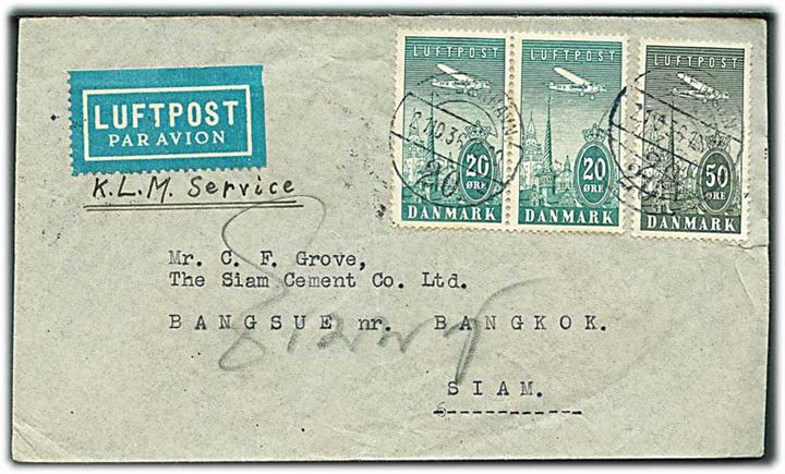 20 øre (par) og 50 øre Luftpost på 90 øre frankeret luftpostbrev fra København d. 2.11.1936 via München til Bangkok, Siam. Påskrevet via K.L.M. Service.