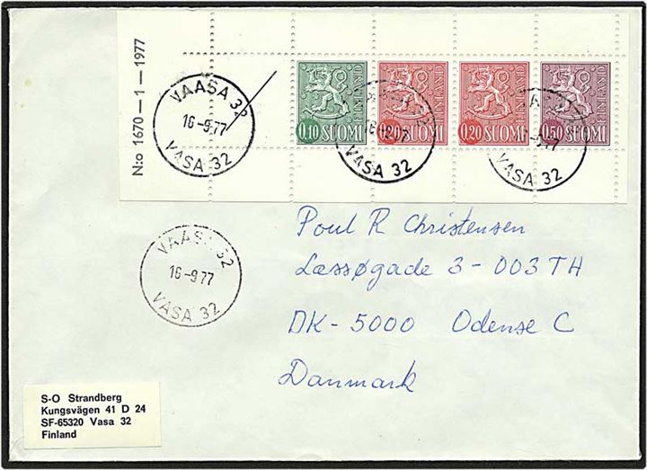 1 mark frimærkehæfte på brev fra Vasa, Finland, d. 16.9.1977 til Odense.