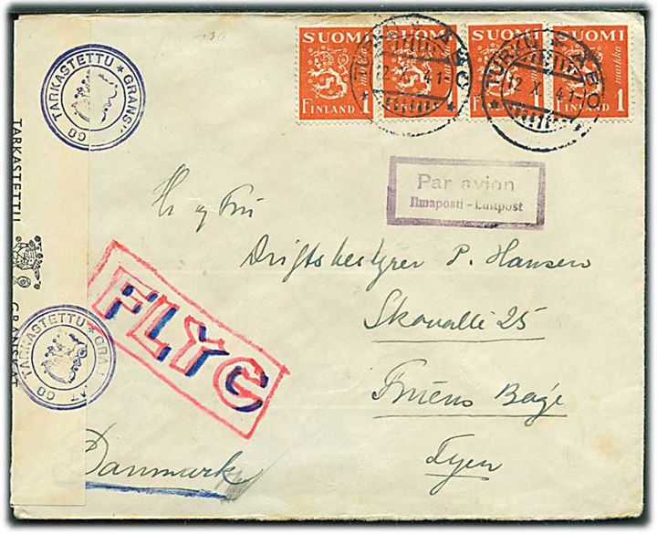 1 mk. (4) på luftpostbrev fra Åbo d. 12.10.1941 til Fruens Bøge, Danmark. Fra dansk frivillig P.A.Hansen ved KpK 4/7615 (= 13 Inf. Regiment). P.A.Hansen faldt senere på det Karelske Næs. Både dansk og finsk censur.