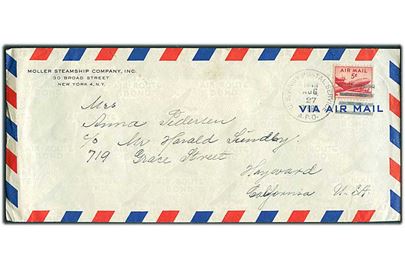 Amerikansk 5 cents luftpost på fortrykt kuvert fra Moller Steamship Company annulleret med feltpoststempel U.S.Army Postal Service A.P.O. 7 BPO til Hayward, USA. Fra sømand ombord på A.P.Møller skibet M/S Marchen Mærsk i Kobe, Japan.