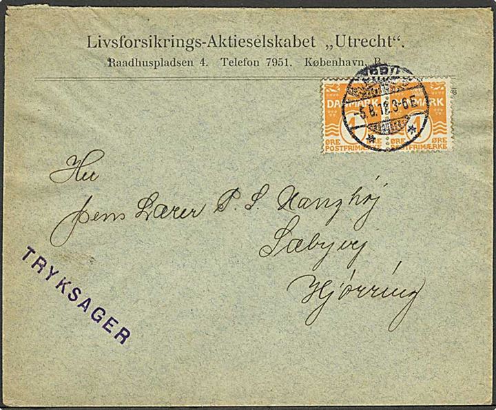 1 øre Bølgelinie i parstykke på lokal tryksag i Hjørring d. 5.8.1912. 