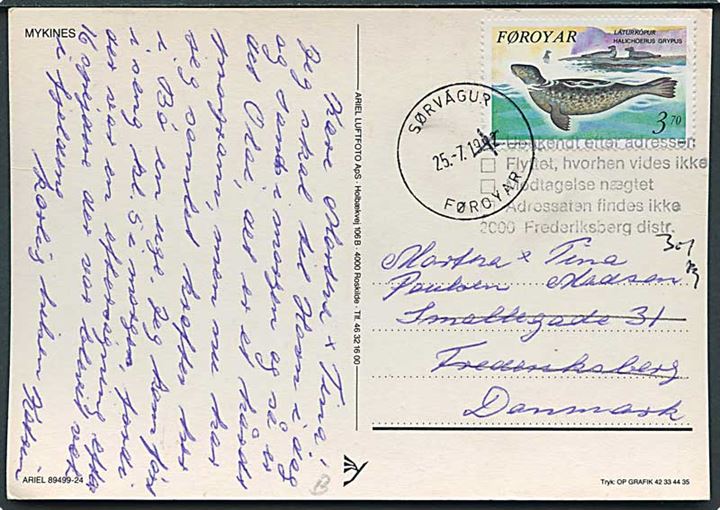 3,70 kr. Sæl på brevkort fra Sørvagur d. 25.7.1992 til Frederiksberg. Retur som ubekendt.