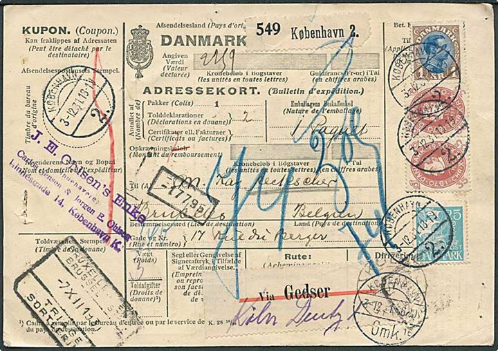 25 øre Karavel, 1 kr. Chr. X og 35 øre Chr. X 60 år i par på 1,95 kr. frankeret internationalt adressekort for pakke fra København d. 3.12.1931 til Bruxelles, Belgien.