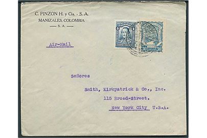 Colombia 4 c. og 30 c. SCADTA udg. på luftpostbrev fra Manizales 1928 via Barranquilla til New York, USA. 