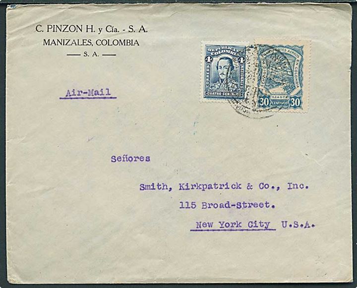 Colombia 4 c. og 30 c. SCADTA udg. på luftpostbrev fra Manizales 1928 via Barranquilla til New York, USA. 