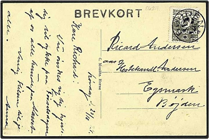 8 øre grå bølgelinie på lokalt sendt postkort fra Bøjden d. 25.10.1924. Bøjden stjernestempel.