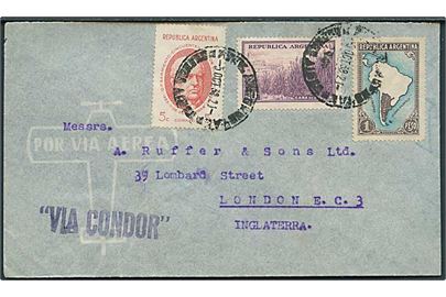 1,95 c. blandingsfrankeret luftpostbrev fra Buenos Aires d. 5.10.1938 til London, England. Liniestempel: Via Condor.