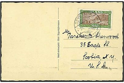50 aur grøn/brun på postkort fra Reykjavik, Island, d. 29.1.1937 til New York, USA. Motiv parti fra Djórsárdal.